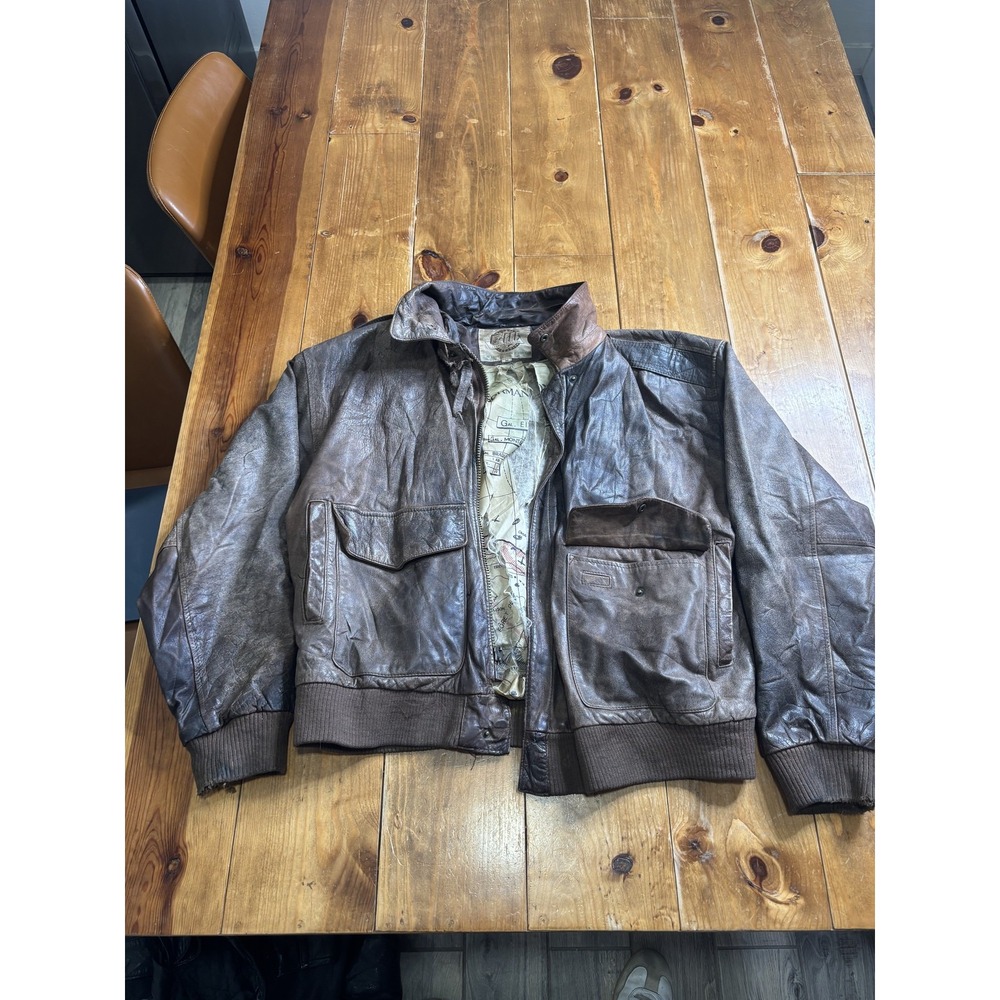 WWII US Army Air Force A-2 Style Leather Flight Jacket Reproduction D-Day Map